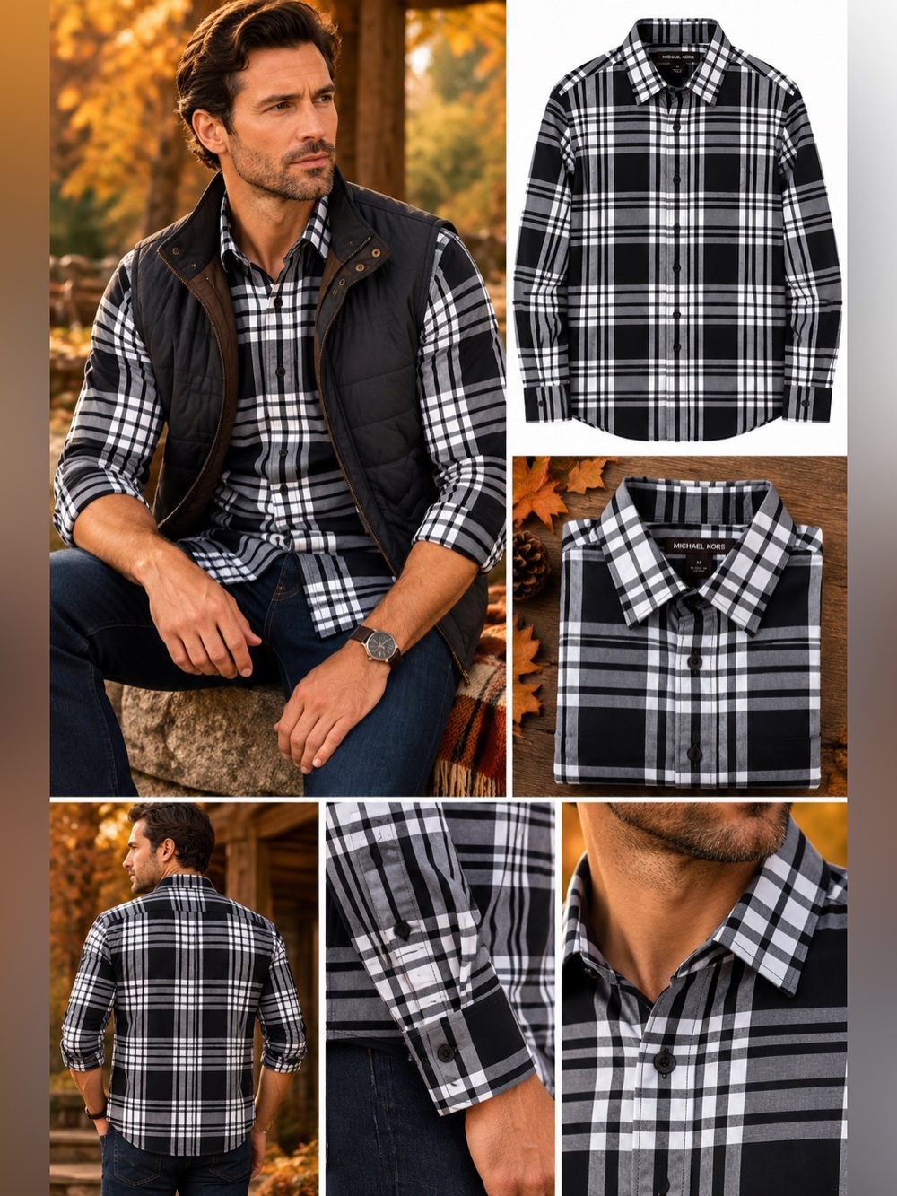 MICHAEL KORS - Men's Black Plaid Dress Shirt